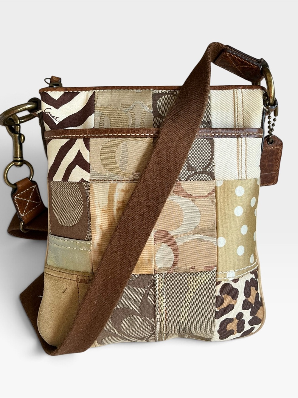 Coach 2007 Patchwork Crossbody Bag Tan Brown Signature 10818 Y2K Leopard Suede